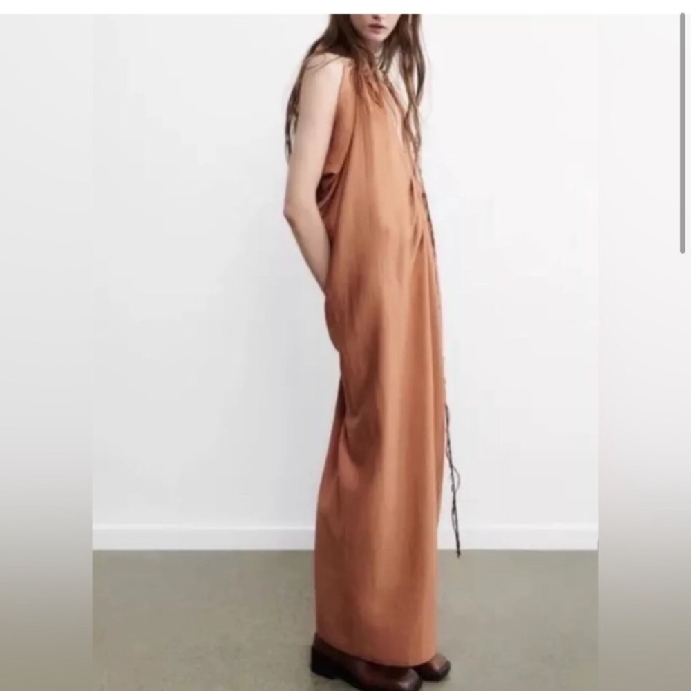 NWT • ZARA • STUNNING Lightweight Billowy Maxi Dress with Black Beaded Trim - Picture 2 of 14